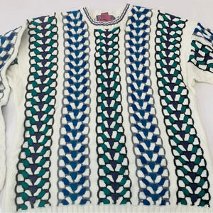 Vintage 3D Textured Sweater Men Large Colorful Blue Green Long Sleeve 80s 90s